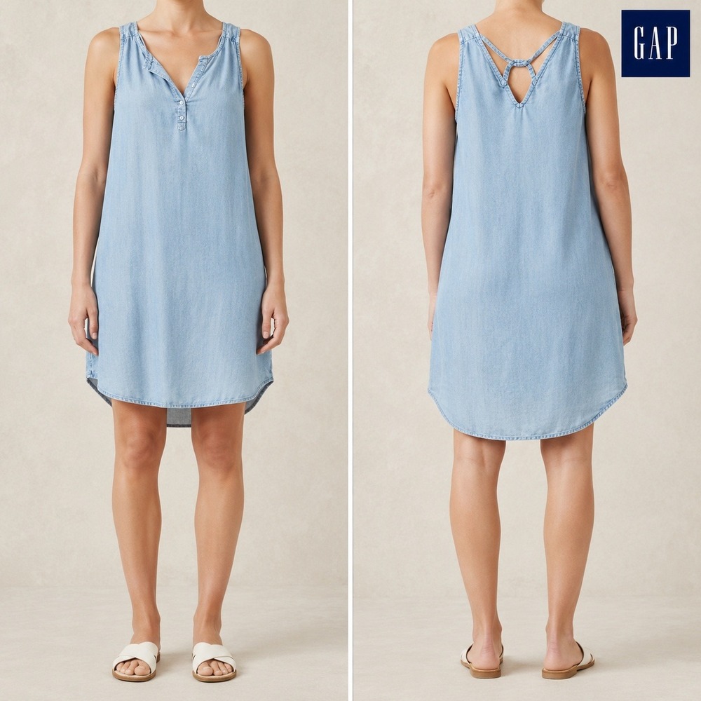 Gap Chambray Shift Dress Womens S Blue Tencel Henley Cutout Back Mini 282939